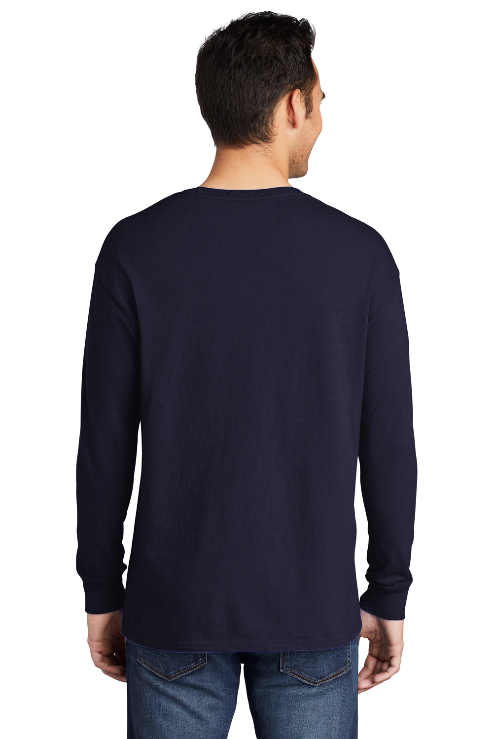 Port & Company PC099LS Mens Beach Wash Long Sleeve Crewneck T-Shirt True Navy Blue Model Back