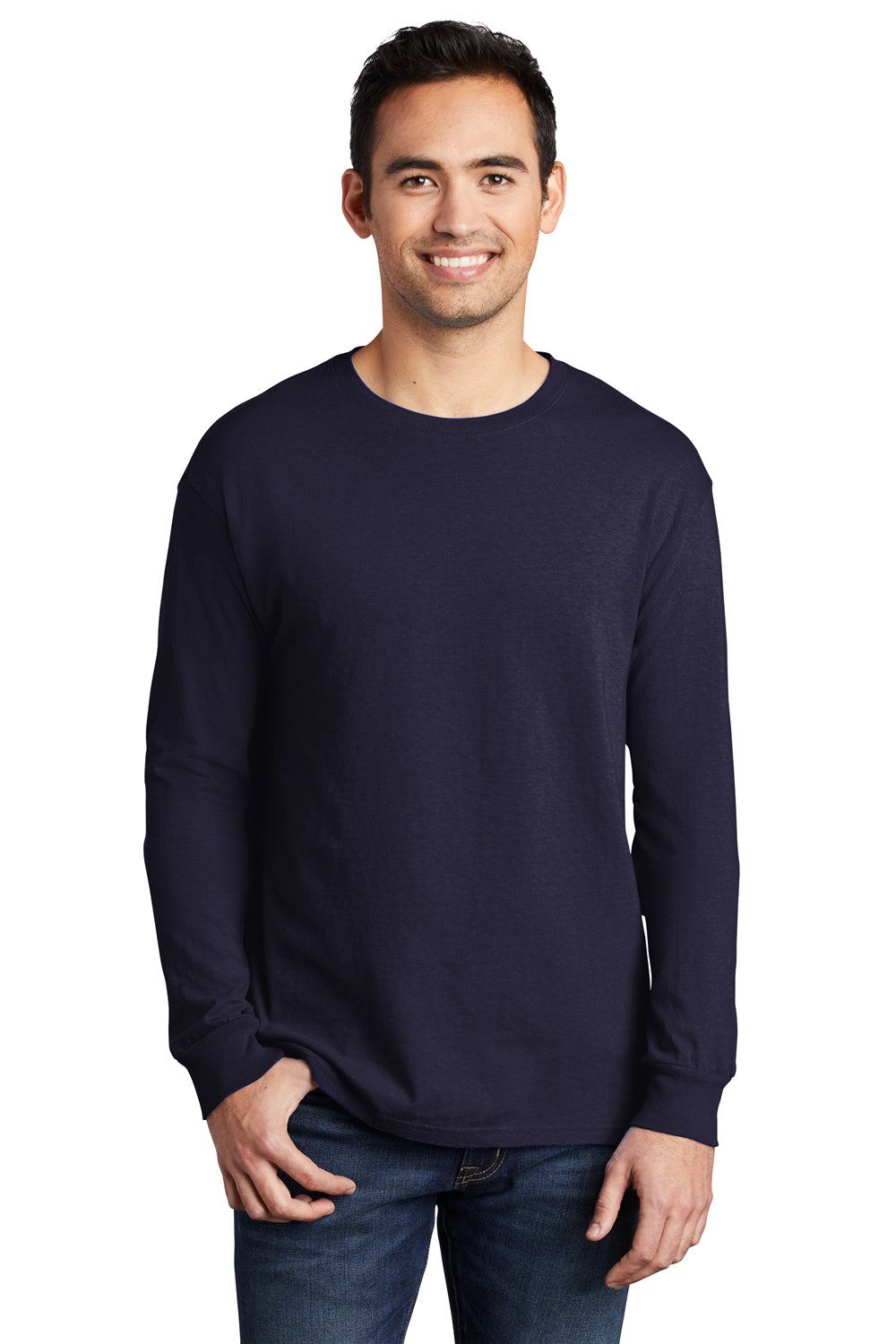 Port & Company PC099LS Mens Beach Wash Long Sleeve Crewneck T-Shirt True Navy Blue Model Front