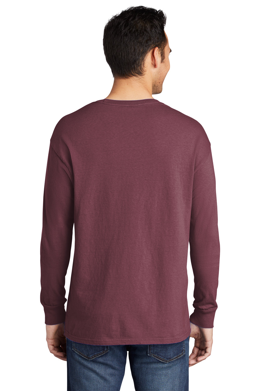 Port & Company PC099LS Mens Beach Wash Long Sleeve Crewneck T-Shirt Wineberry Model Back