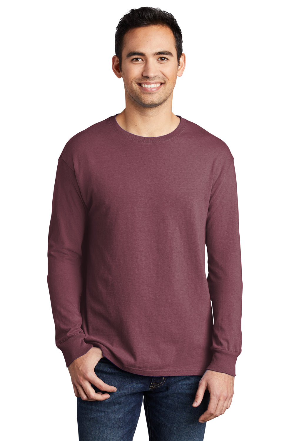 Port & Company PC099LS Mens Beach Wash Long Sleeve Crewneck T-Shirt Wineberry Model Front