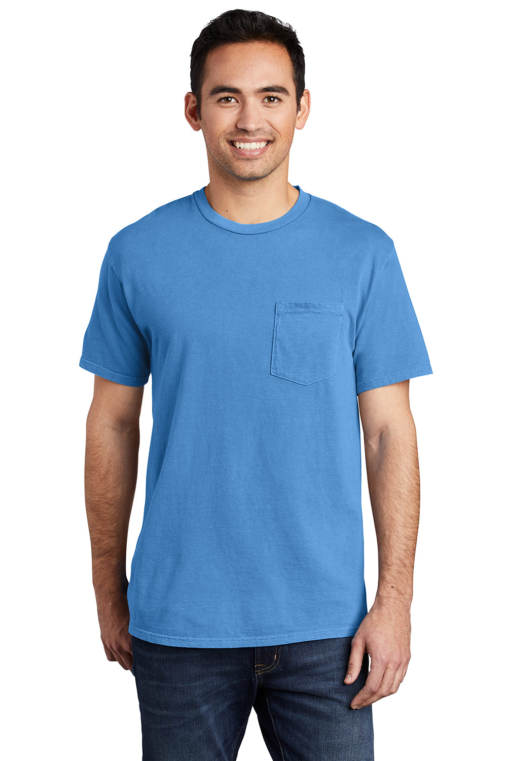 Port & Company PC099P Mens Beach Wash Short Sleeve Crewneck T-Shirt w/ Pocket Blue Moon Model Front