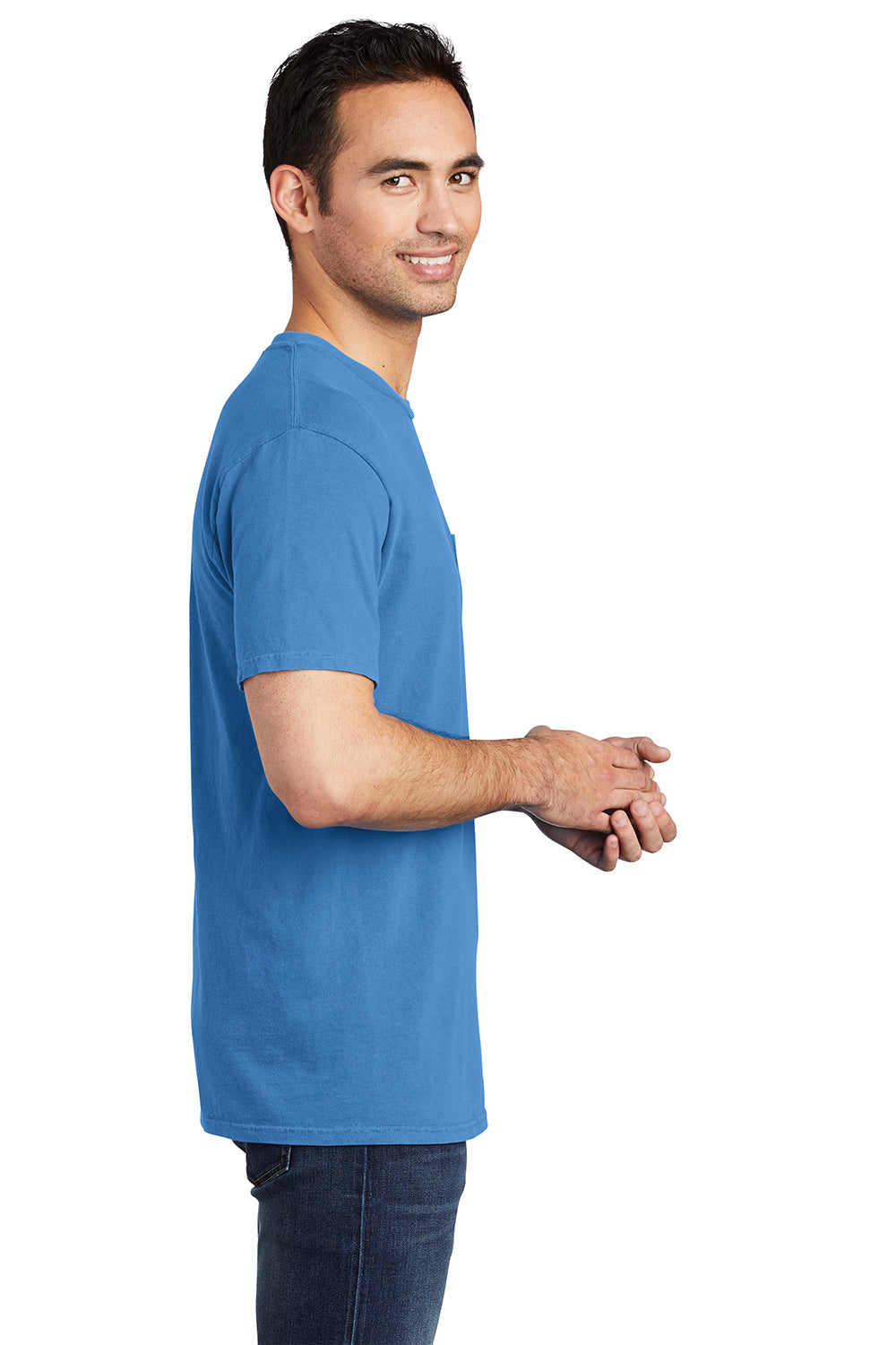 Port & Company PC099P Mens Beach Wash Short Sleeve Crewneck T-Shirt w/ Pocket Blue Moon Model Side