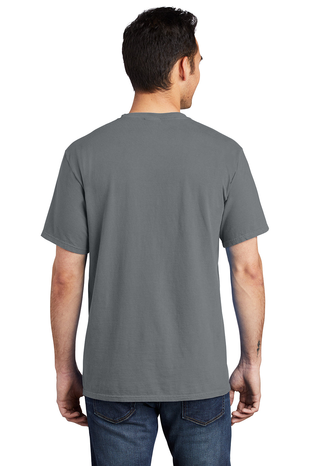 Port & Company PC099P Mens Beach Wash Short Sleeve Crewneck T-Shirt w/ Pocket Coal Grey Model Back