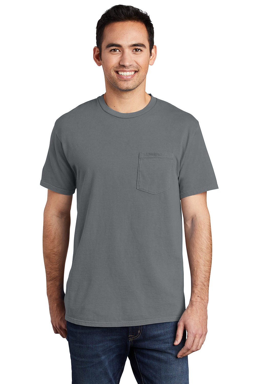 Port & Company PC099P Mens Beach Wash Short Sleeve Crewneck T-Shirt w/ Pocket Coal Grey Model Front