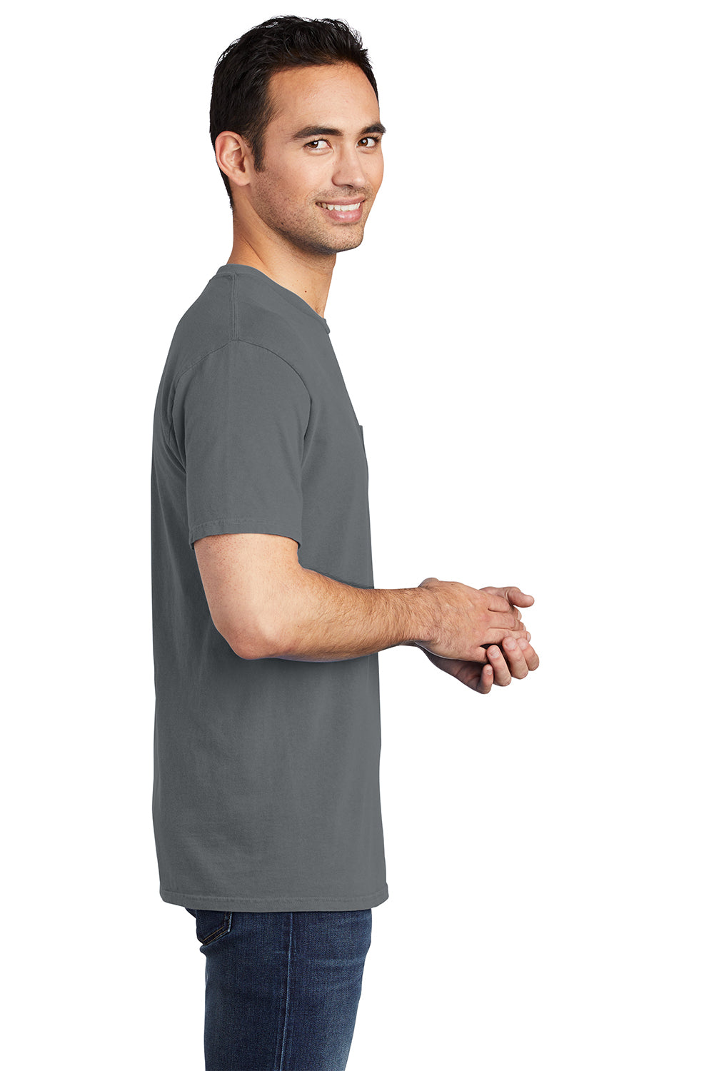 Port & Company PC099P Mens Beach Wash Short Sleeve Crewneck T-Shirt w/ Pocket Coal Grey Model Side