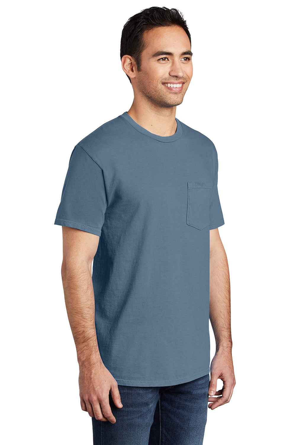 Port & Company PC099P Mens Beach Wash Short Sleeve Crewneck T-Shirt w/ Pocket Denim Blue Model 3q