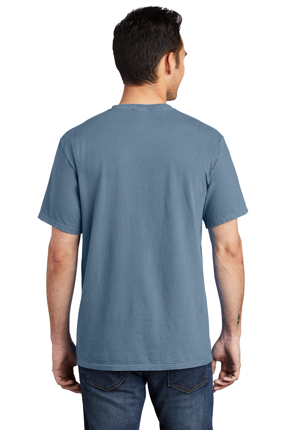 Port & Company PC099P Mens Beach Wash Short Sleeve Crewneck T-Shirt w/ Pocket Denim Blue Model Back