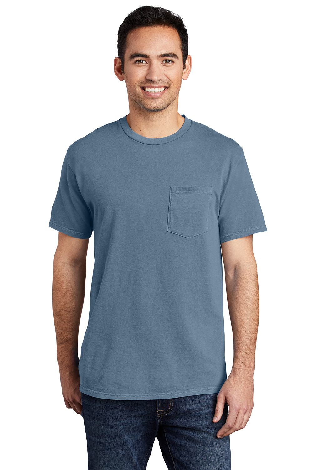 Port & Company PC099P Mens Beach Wash Short Sleeve Crewneck T-Shirt w/ Pocket Denim Blue Model Front