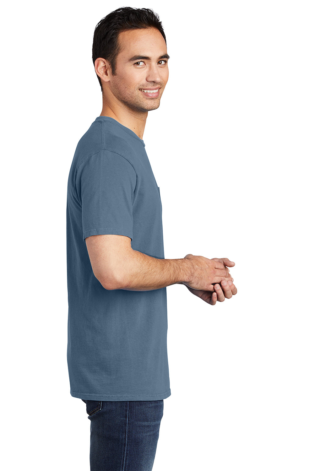 Port & Company PC099P Mens Beach Wash Short Sleeve Crewneck T-Shirt w/ Pocket Denim Blue Model Side