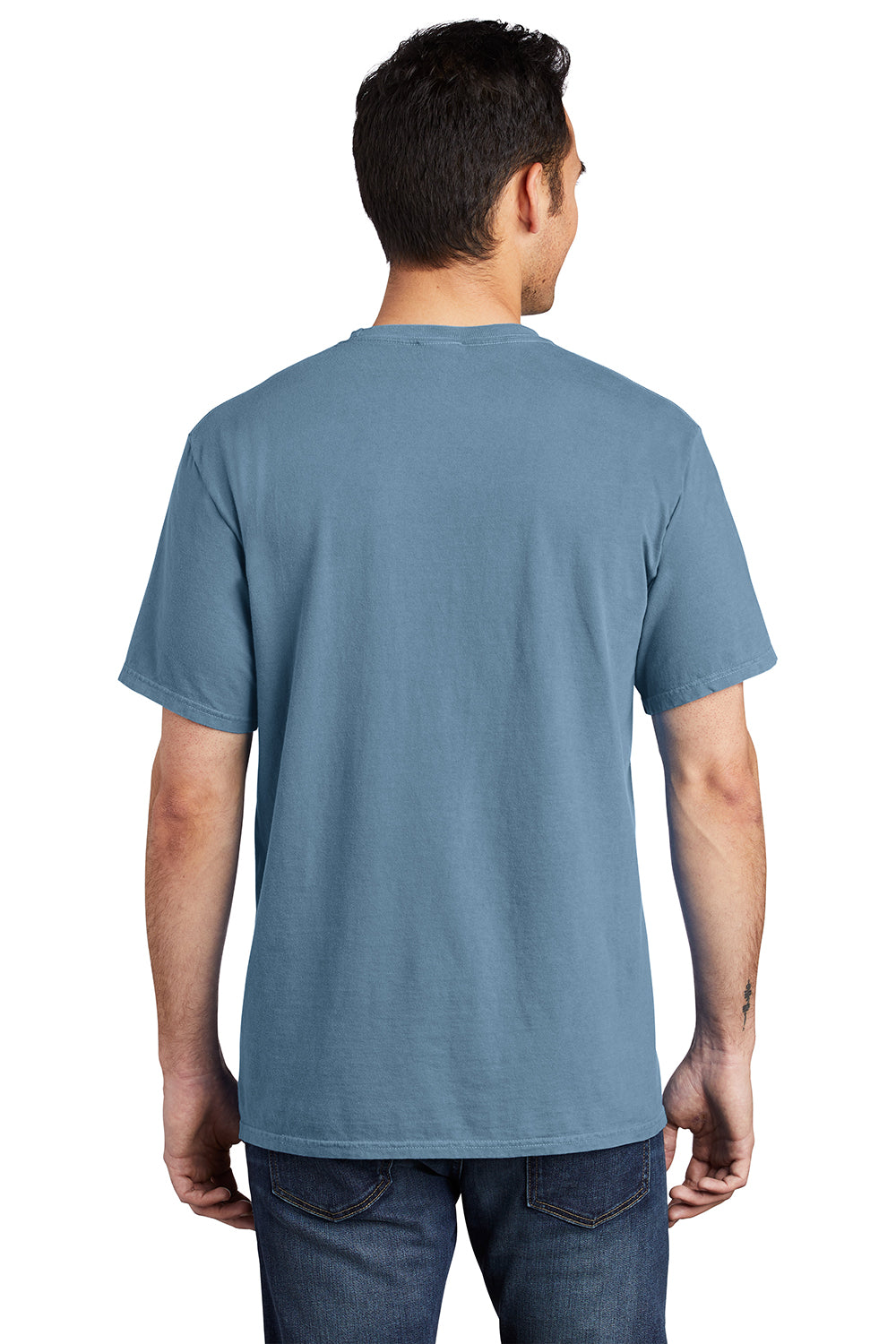 Port & Company PC099P Mens Beach Wash Short Sleeve Crewneck T-Shirt w/ Pocket Mist Blue Model Back