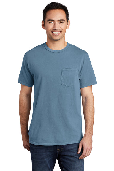 Port & Company PC099P Mens Beach Wash Short Sleeve Crewneck T-Shirt w/ Pocket Mist Blue Model Front