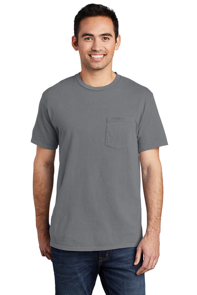 Port & Company PC099P Mens Beach Wash Short Sleeve Crewneck T-Shirt w/ Pocket Pewter Grey Model Front