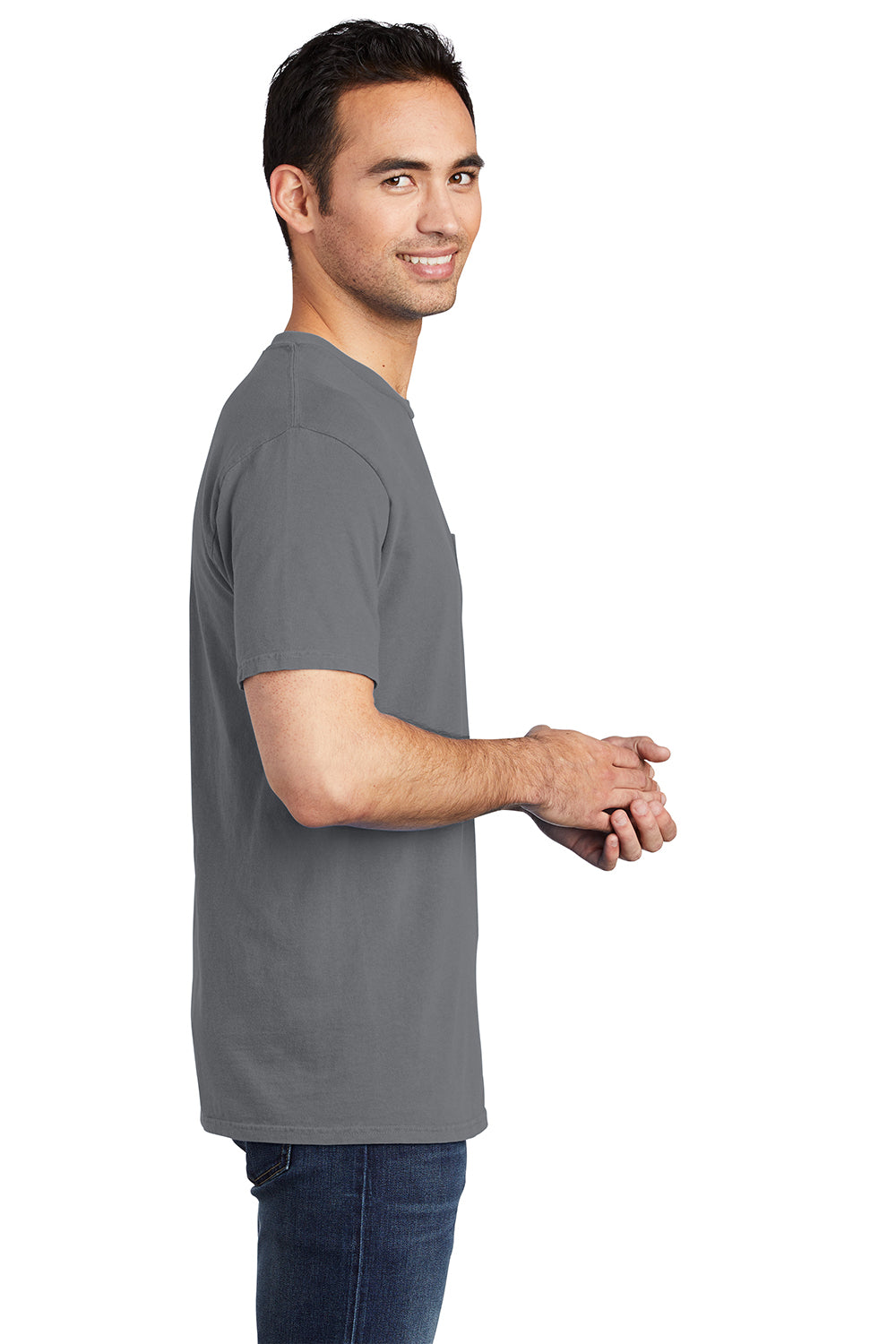 Port & Company PC099P Mens Beach Wash Short Sleeve Crewneck T-Shirt w/ Pocket Pewter Grey Model Side