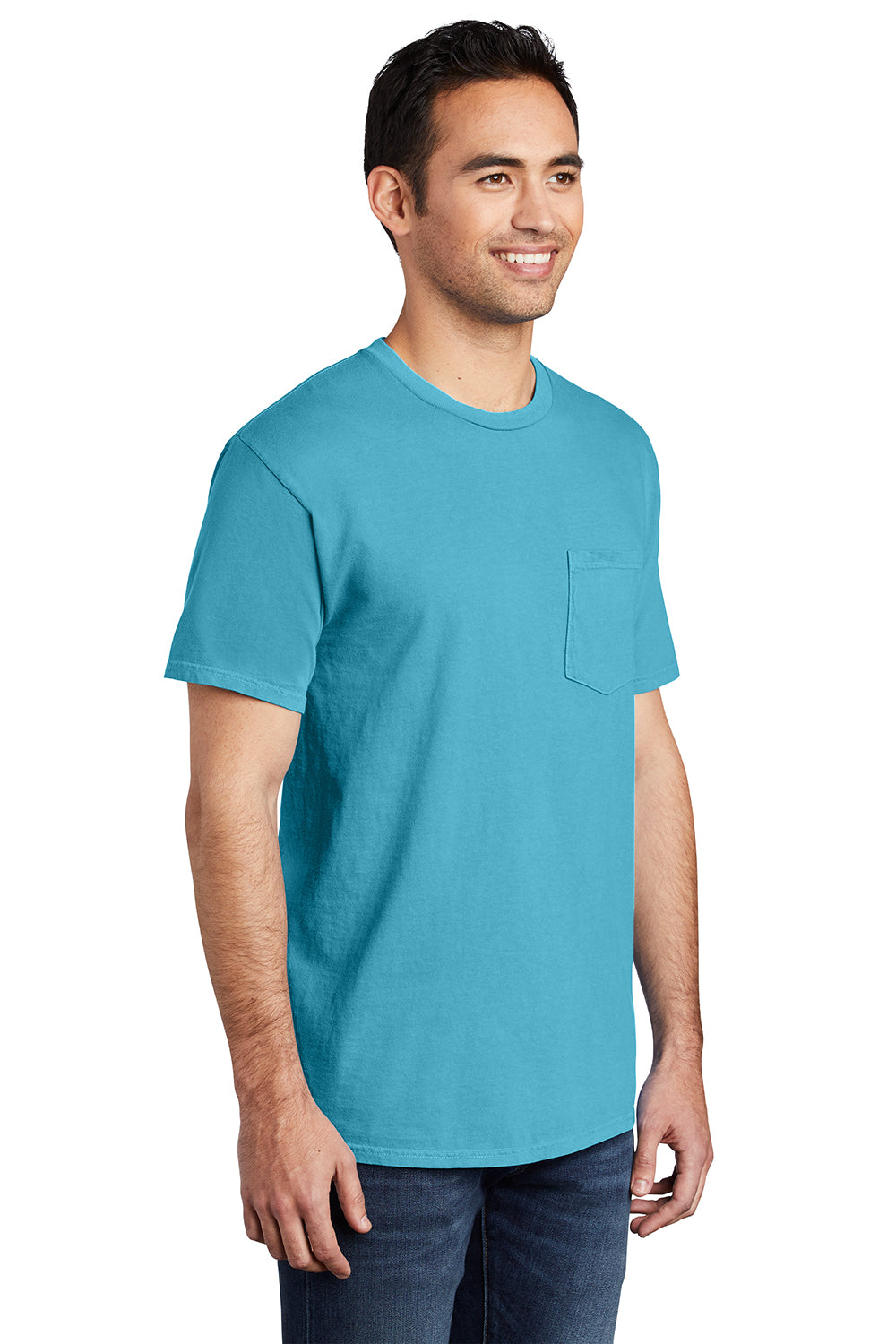 Port & Company PC099P Mens Beach Wash Short Sleeve Crewneck T-Shirt w/ Pocket Tidal Wave Blue Model 3q