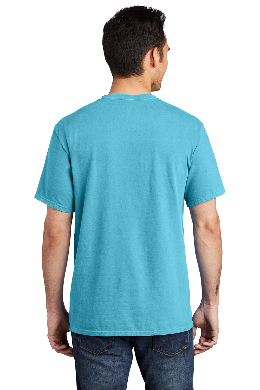 Port & Company PC099P Mens Beach Wash Short Sleeve Crewneck T-Shirt w/ Pocket Tidal Wave Blue Model Back