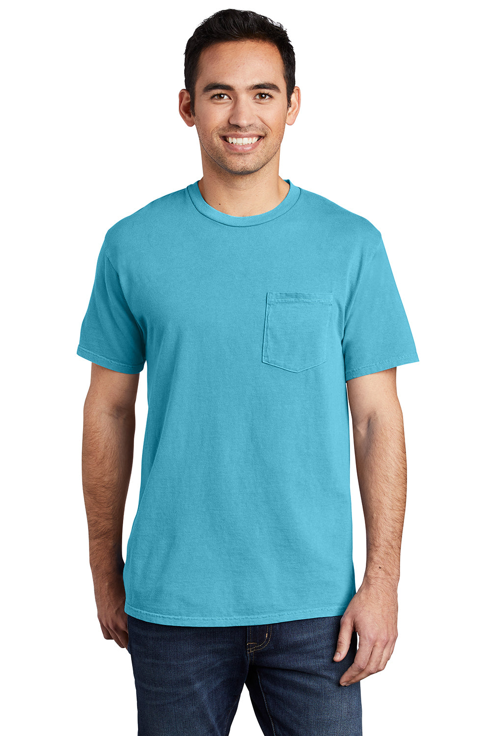 Port & Company PC099P Mens Beach Wash Short Sleeve Crewneck T-Shirt w/ Pocket Tidal Wave Blue Model Front