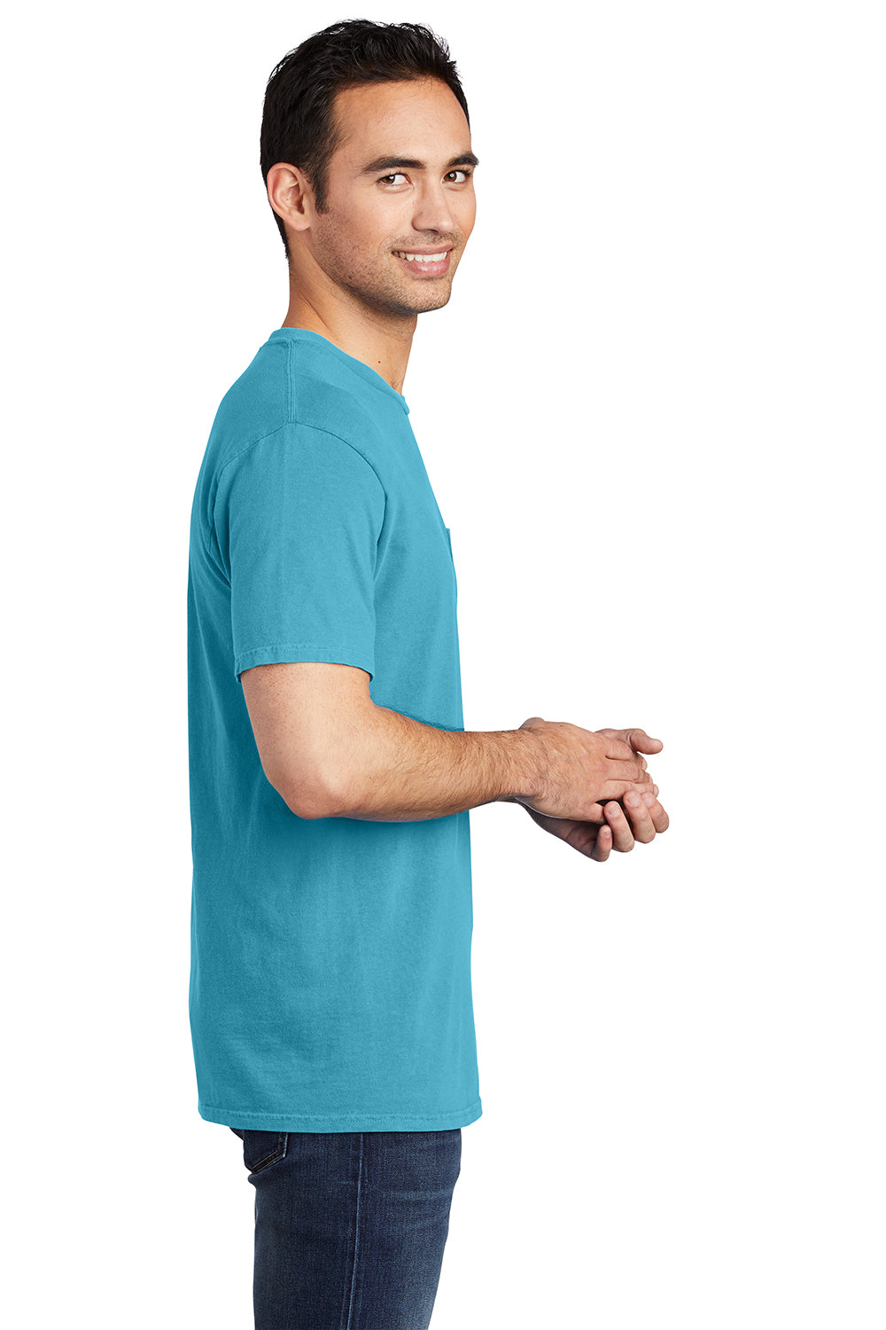 Port & Company PC099P Mens Beach Wash Short Sleeve Crewneck T-Shirt w/ Pocket Tidal Wave Blue Model Side