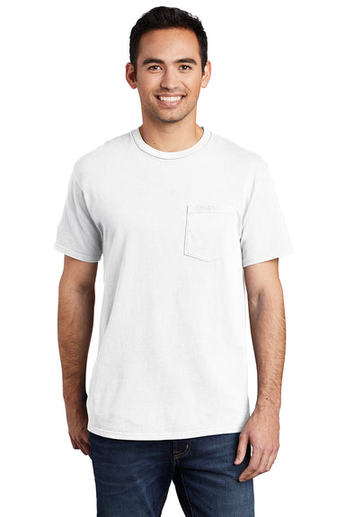 Port & Company PC099P Mens Beach Wash Short Sleeve Crewneck T-Shirt w/ Pocket White Model Front