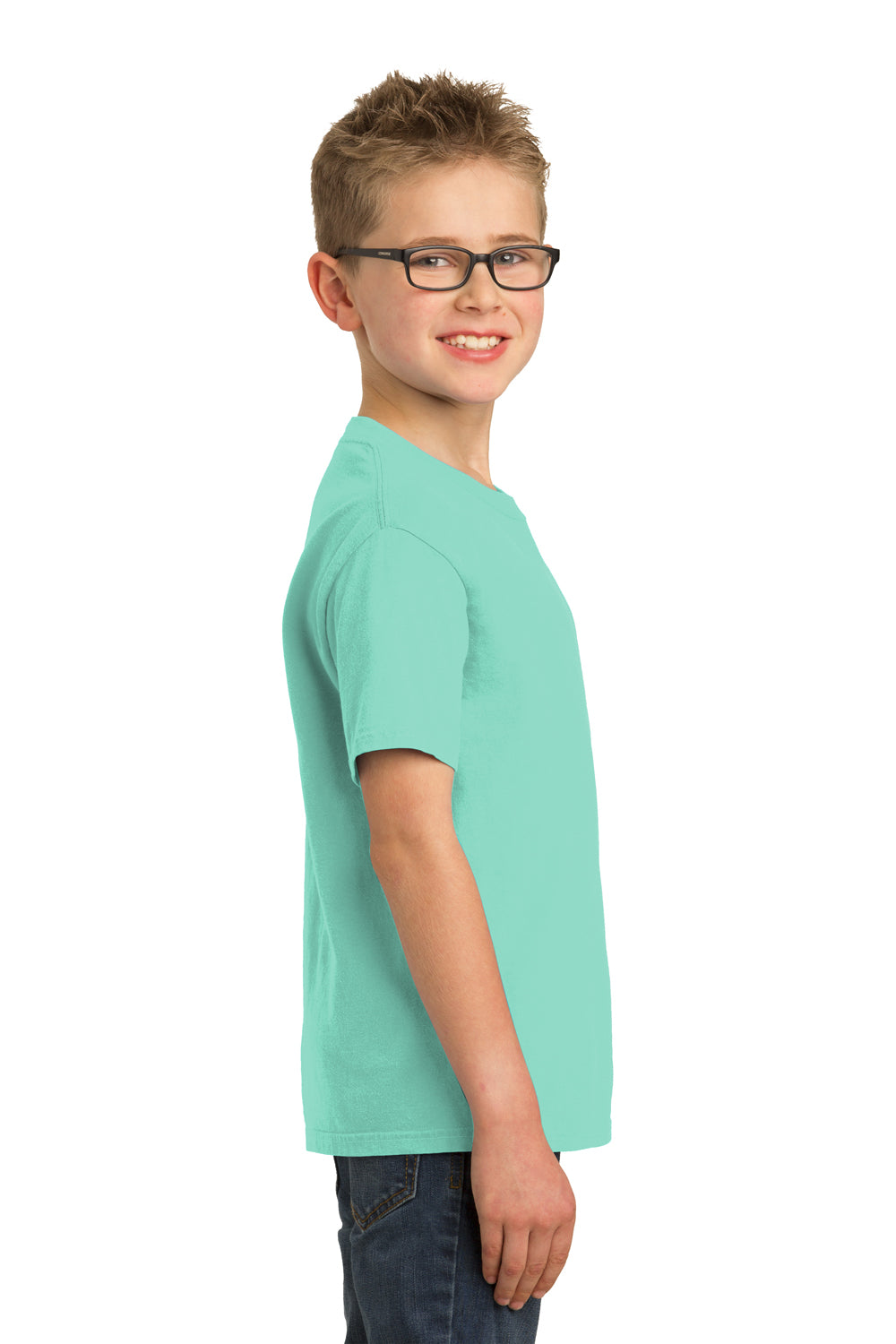 Port & Company PC099Y Youth Beach Wash Short Sleeve Crewneck T-Shirt Cool Mint Green Model Side