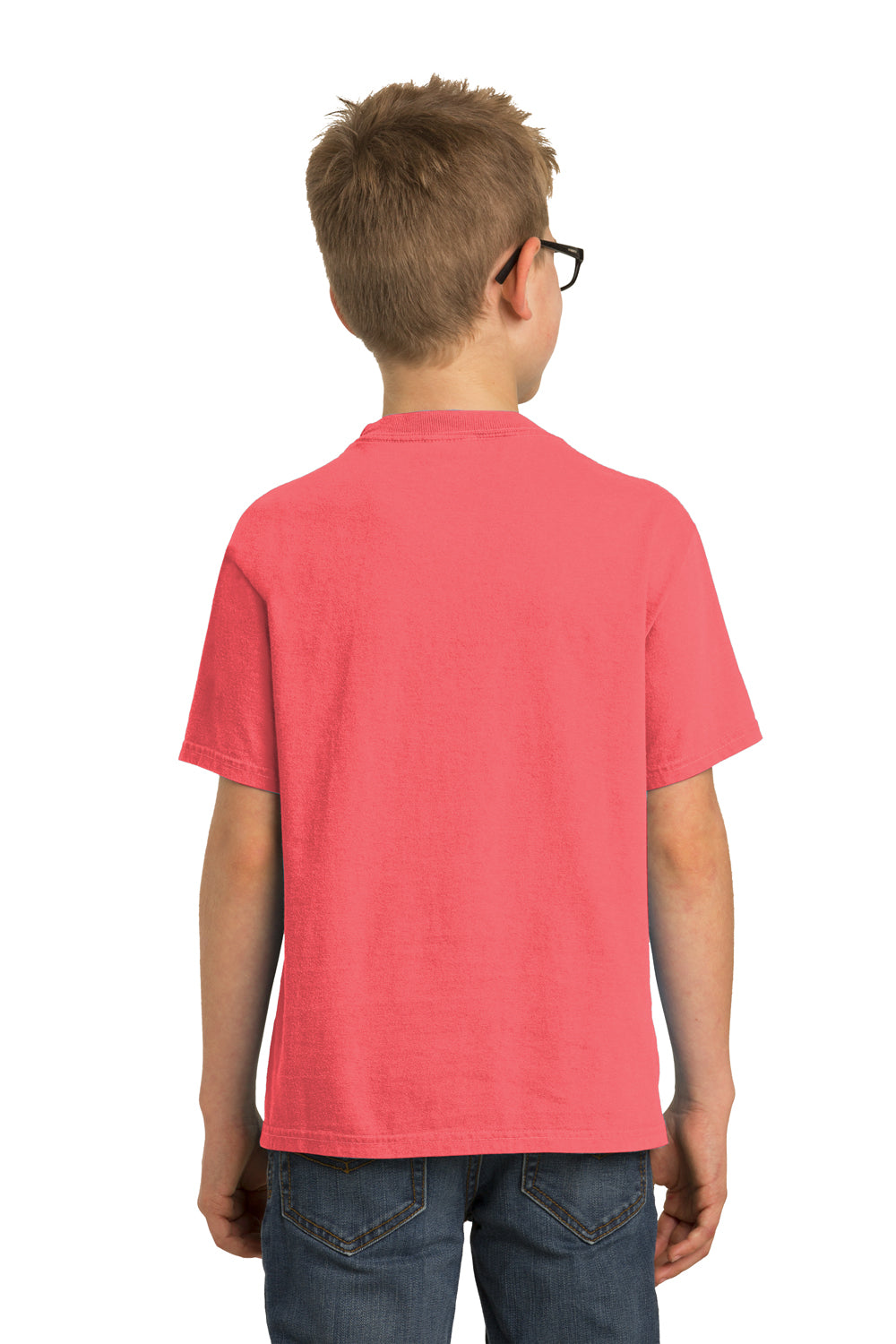 Port & Company PC099Y Youth Beach Wash Short Sleeve Crewneck T-Shirt Fruit Punch Pink Model Back