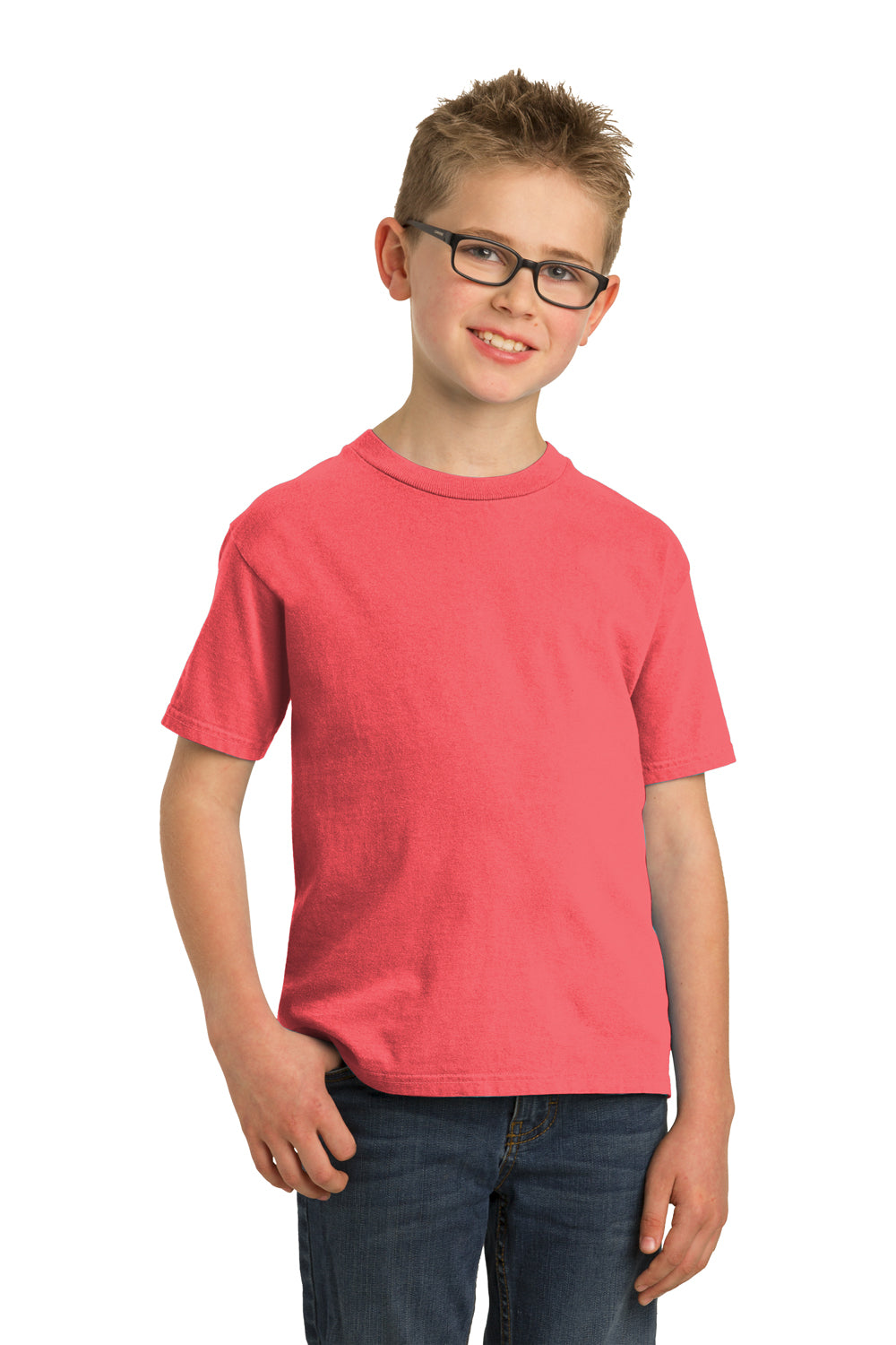 Port & Company PC099Y Youth Beach Wash Short Sleeve Crewneck T-Shirt Fruit Punch Pink Model Front