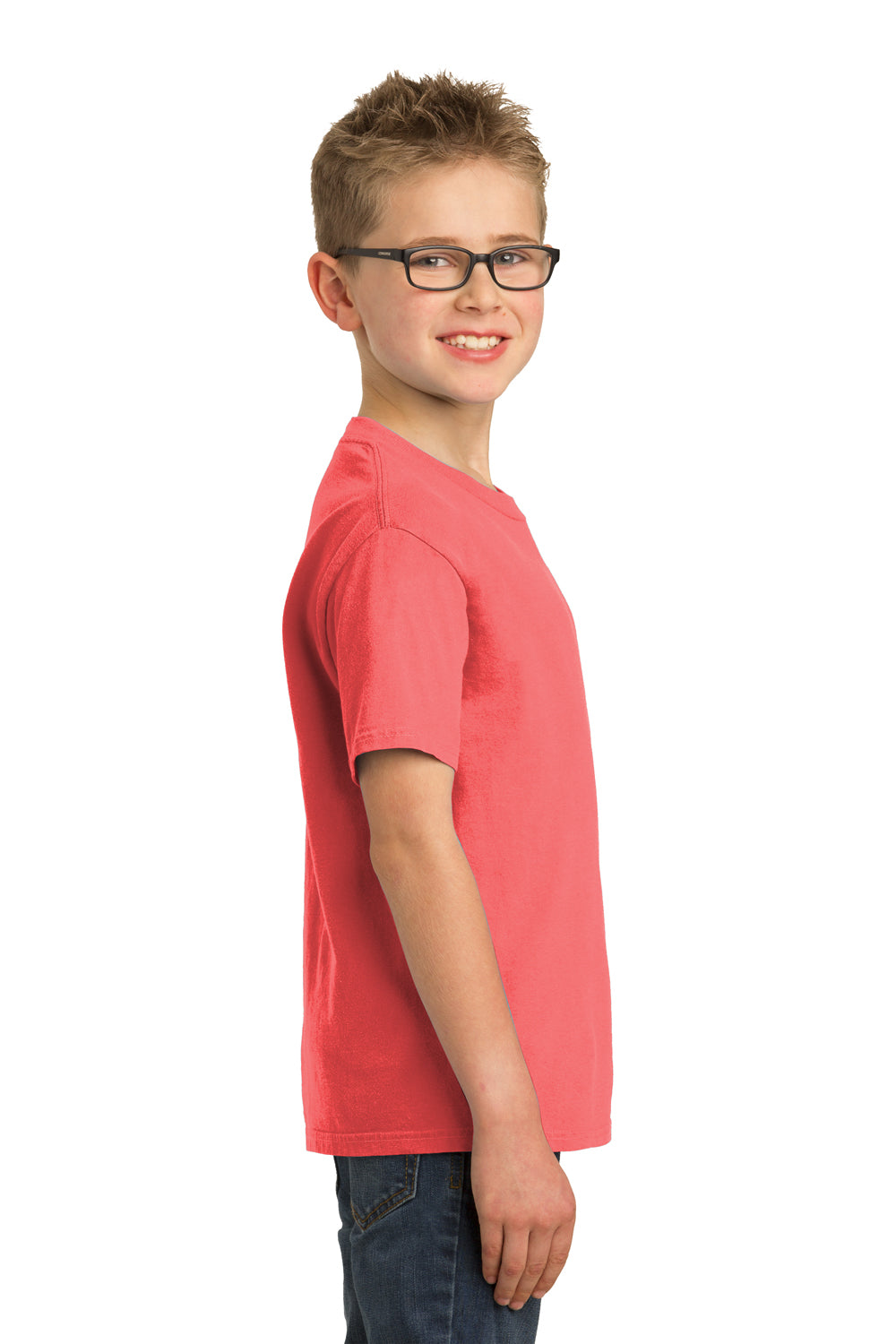 Port & Company PC099Y Youth Beach Wash Short Sleeve Crewneck T-Shirt Fruit Punch Pink Model Side