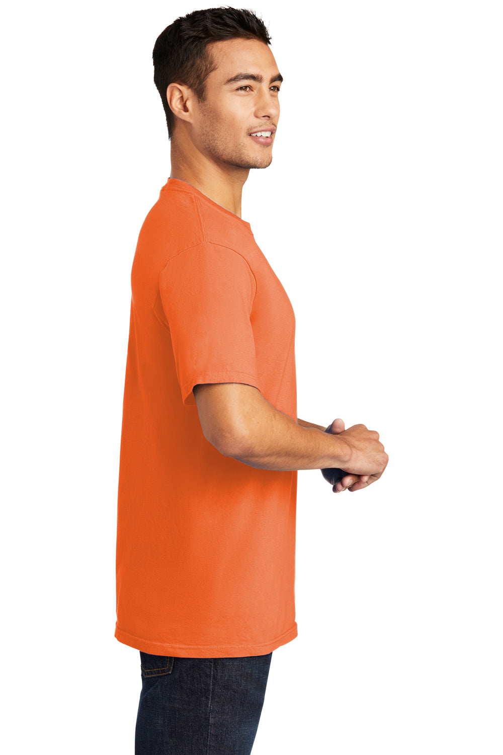 Port & Company PC099 Mens Beach Wash Short Sleeve Crewneck T-Shirt Cantaloupe Orange Model Side