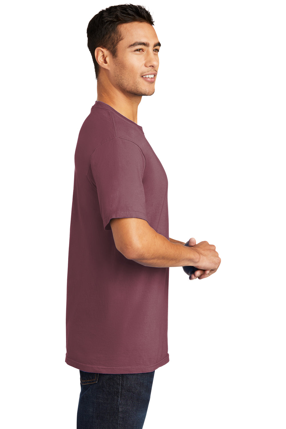 Port & Company PC099 Mens Beach Wash Short Sleeve Crewneck T-Shirt Wineberry Model Side