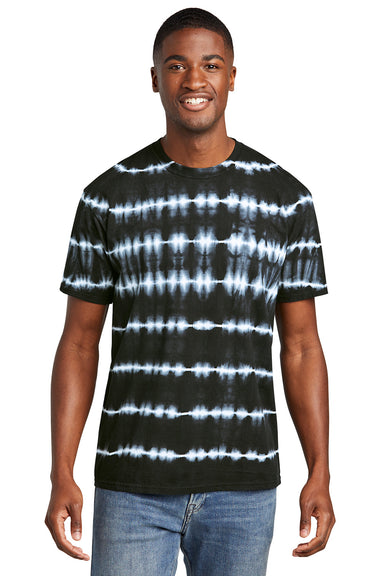 Port & Company PC142 Mens Allover Stripe Tie-Dye Short Sleeve Crewneck T-Shirt Black/White Model Front