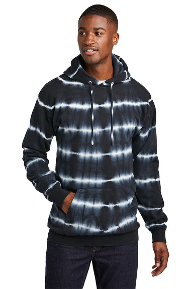 Port & Company PC143 Mens Allover Stripe Tie-Dye Fleece Hooded Sweatshirt Hoodie Black/White Model Front