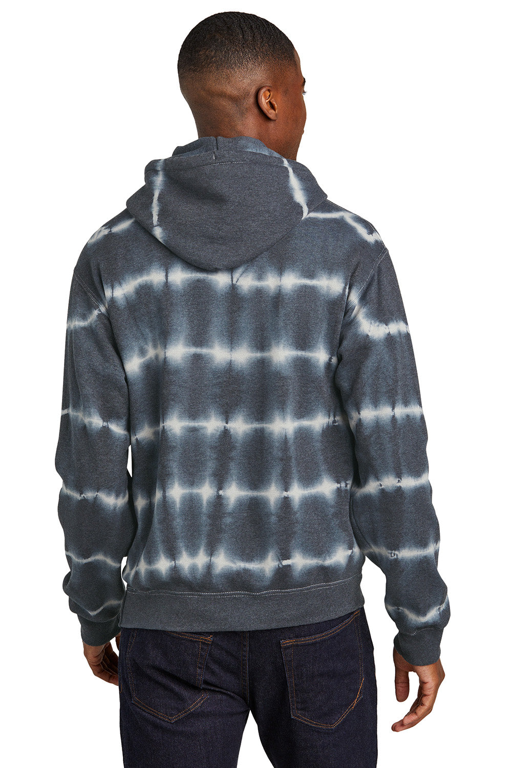 Port & Company PC143 Mens Allover Stripe Tie-Dye Fleece Hooded Sweatshirt Hoodie Graphite Grey/Light Grey Model Back