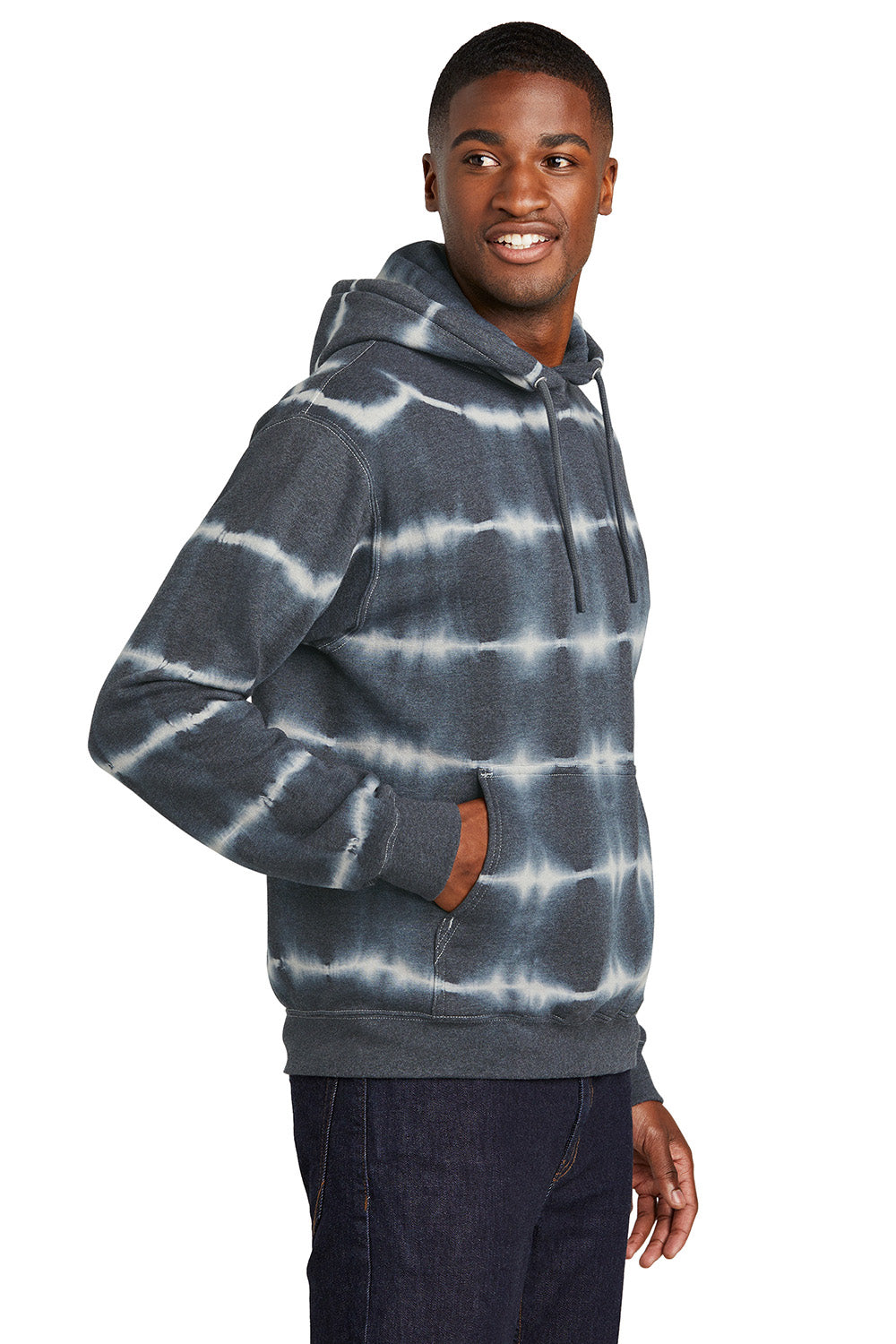 Port & Company PC143 Mens Allover Stripe Tie-Dye Fleece Hooded Sweatshirt Hoodie Graphite Grey/Light Grey Model Side