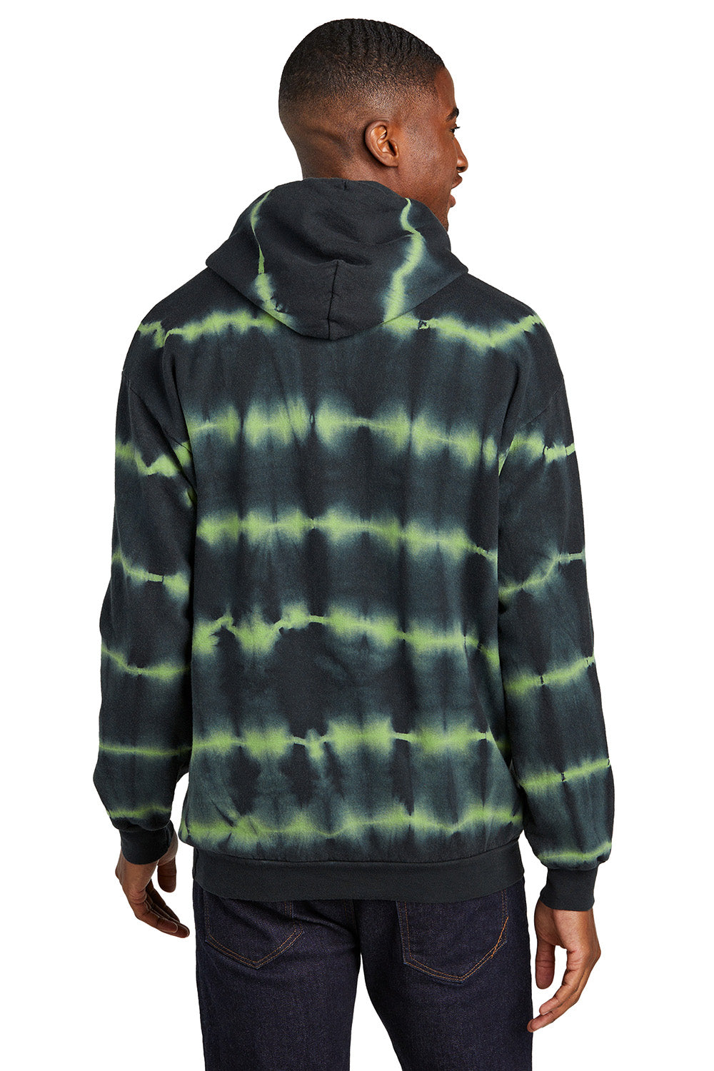 Port & Company PC143 Mens Allover Stripe Tie-Dye Fleece Hooded Sweatshirt Hoodie Green Tea/Black Model Back