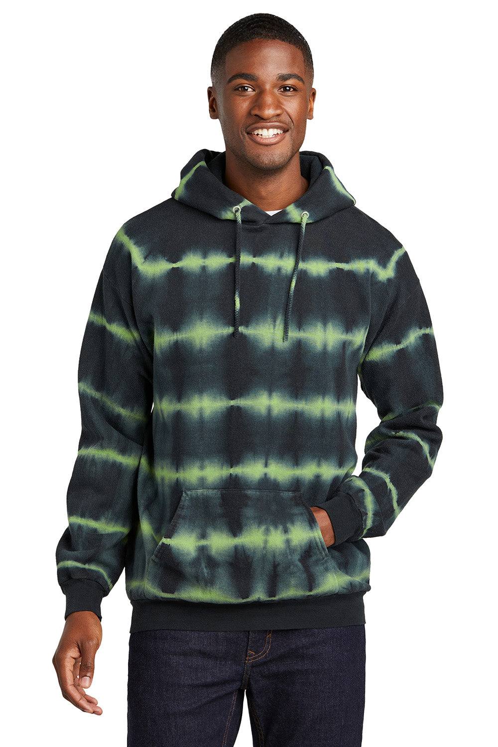 Port & Company PC143 Mens Allover Stripe Tie-Dye Fleece Hooded Sweatshirt Hoodie Green Tea/Black Model Front