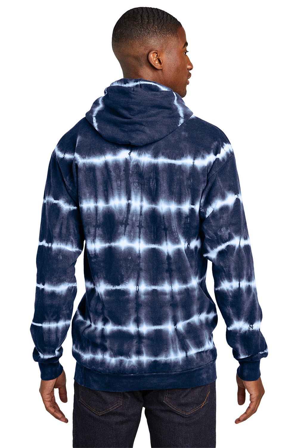 Port & Company PC143 Mens Allover Stripe Tie-Dye Fleece Hooded Sweatshirt Hoodie True Navy Blue/White Model Back