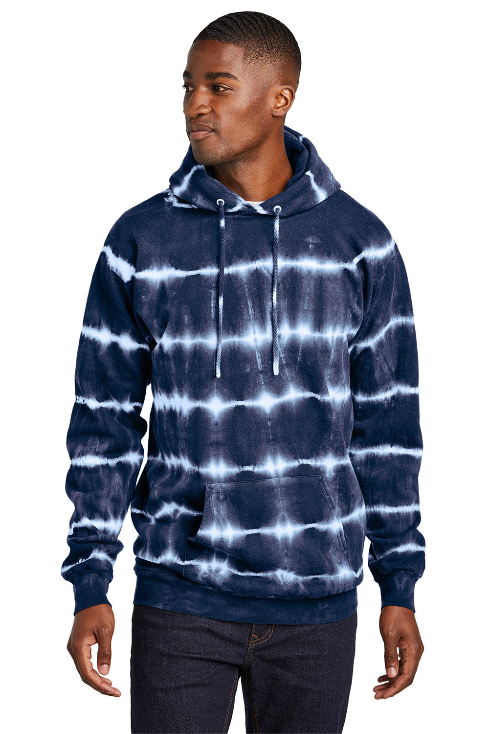 Port & Company PC143 Mens Allover Stripe Tie-Dye Fleece Hooded Sweatshirt Hoodie True Navy Blue/White Model Front