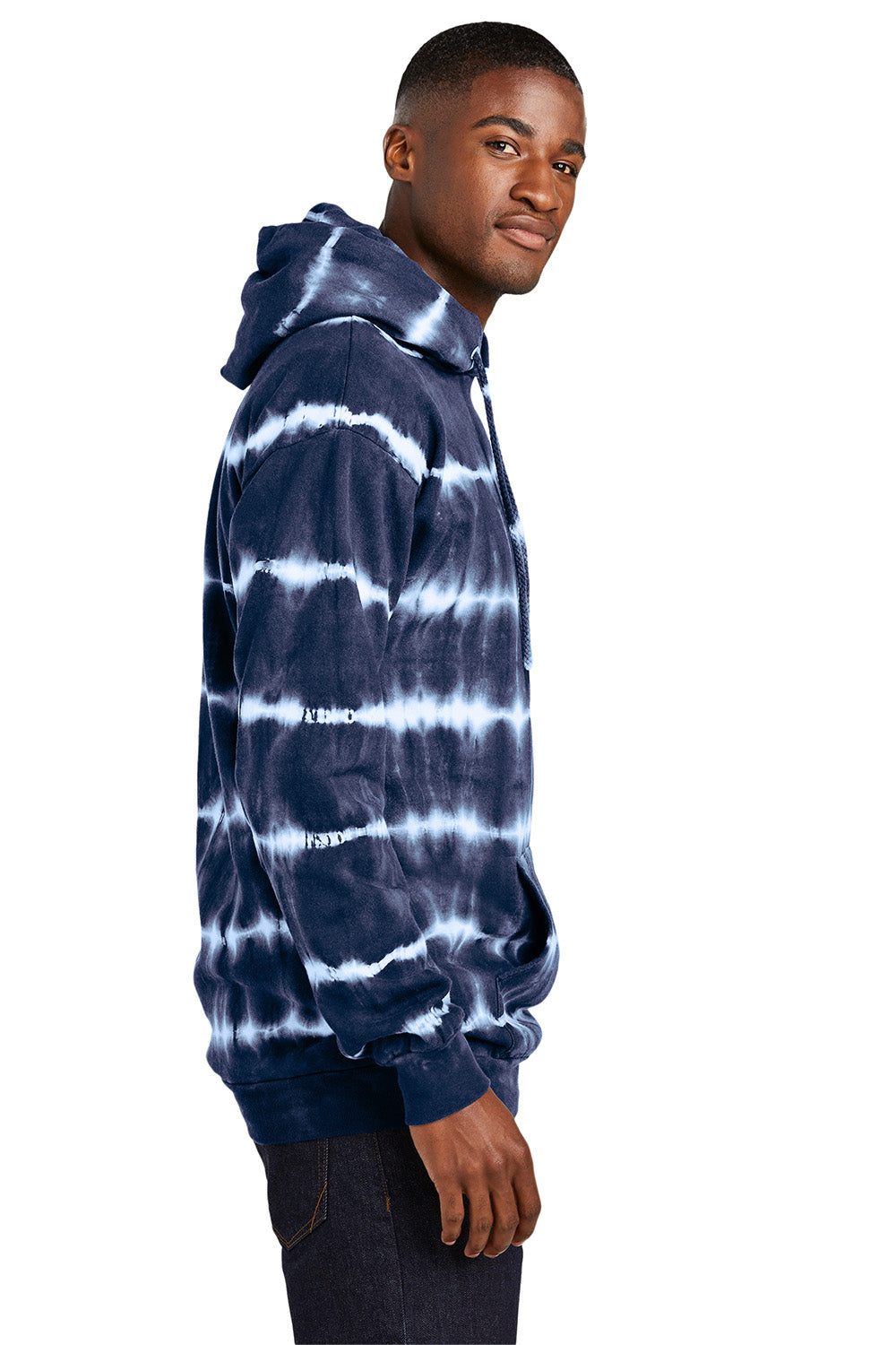 Port & Company PC143 Mens Allover Stripe Tie-Dye Fleece Hooded Sweatshirt Hoodie True Navy Blue/White Model Side