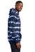 Port & Company PC143 Mens Allover Stripe Tie-Dye Fleece Hooded Sweatshirt Hoodie True Navy Blue/White Model Side