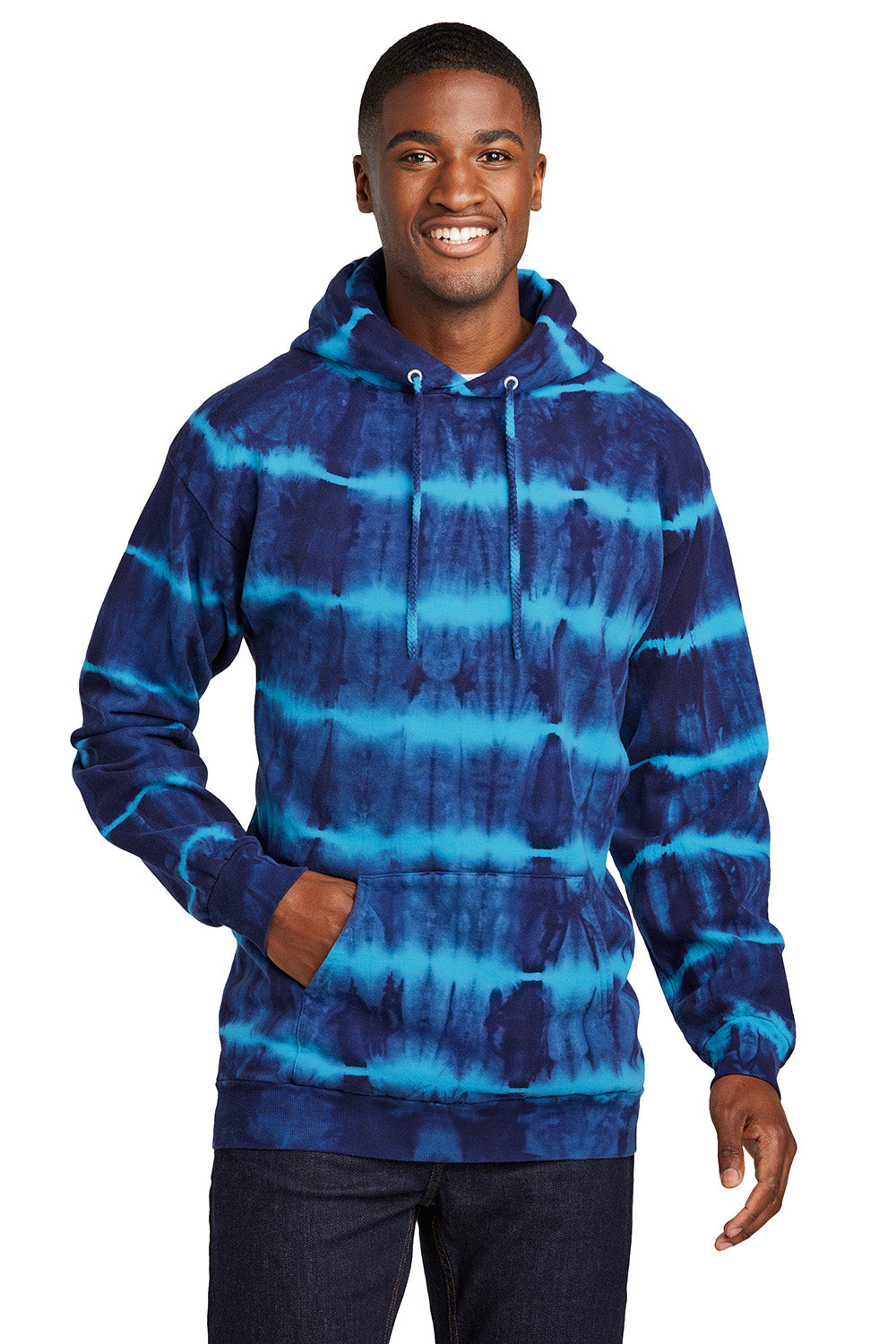 Port & Company PC143 Mens Allover Stripe Tie-Dye Fleece Hooded Sweatshirt Hoodie Turquoise Blue/Team Navy Blue Model Front