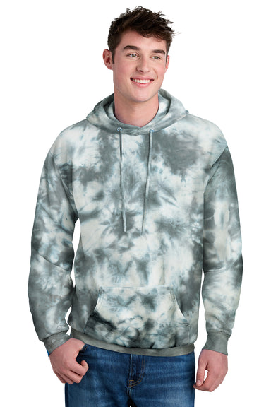 Port & Company PC144 Mens Crystal Tie-Dye Hooded Sweatshirt Hoodie Grey Model Front