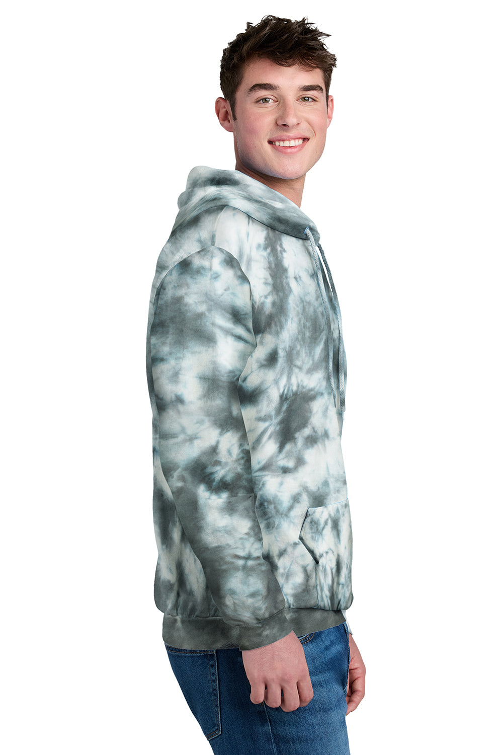 Port & Company PC144 Mens Crystal Tie-Dye Hooded Sweatshirt Hoodie Grey Model Side