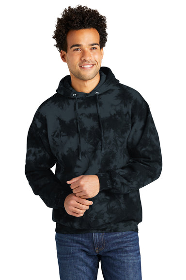 Port & Company PC144 Mens Crystal Tie-Dye Hooded Sweatshirt Hoodie Black Model Front