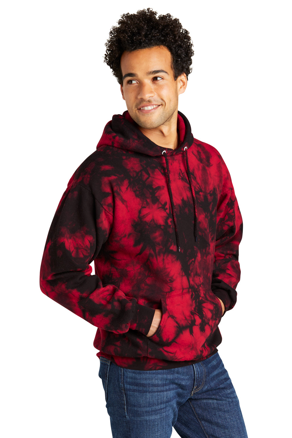 Port & Company PC144 Mens Crystal Tie-Dye Hooded Sweatshirt Hoodie Black/Red Model 3q