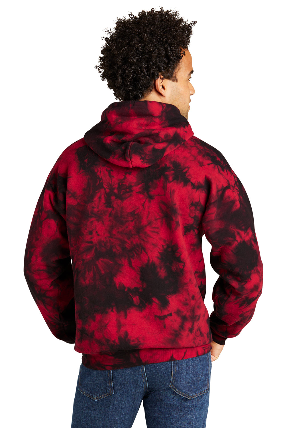 Port & Company PC144 Mens Crystal Tie-Dye Hooded Sweatshirt Hoodie Black/Red Model Back