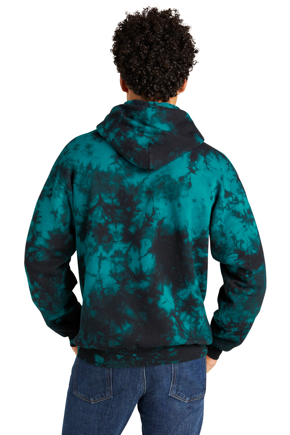 Port & Company PC144 Mens Crystal Tie-Dye Hooded Sweatshirt Hoodie Black/Teal Model Back