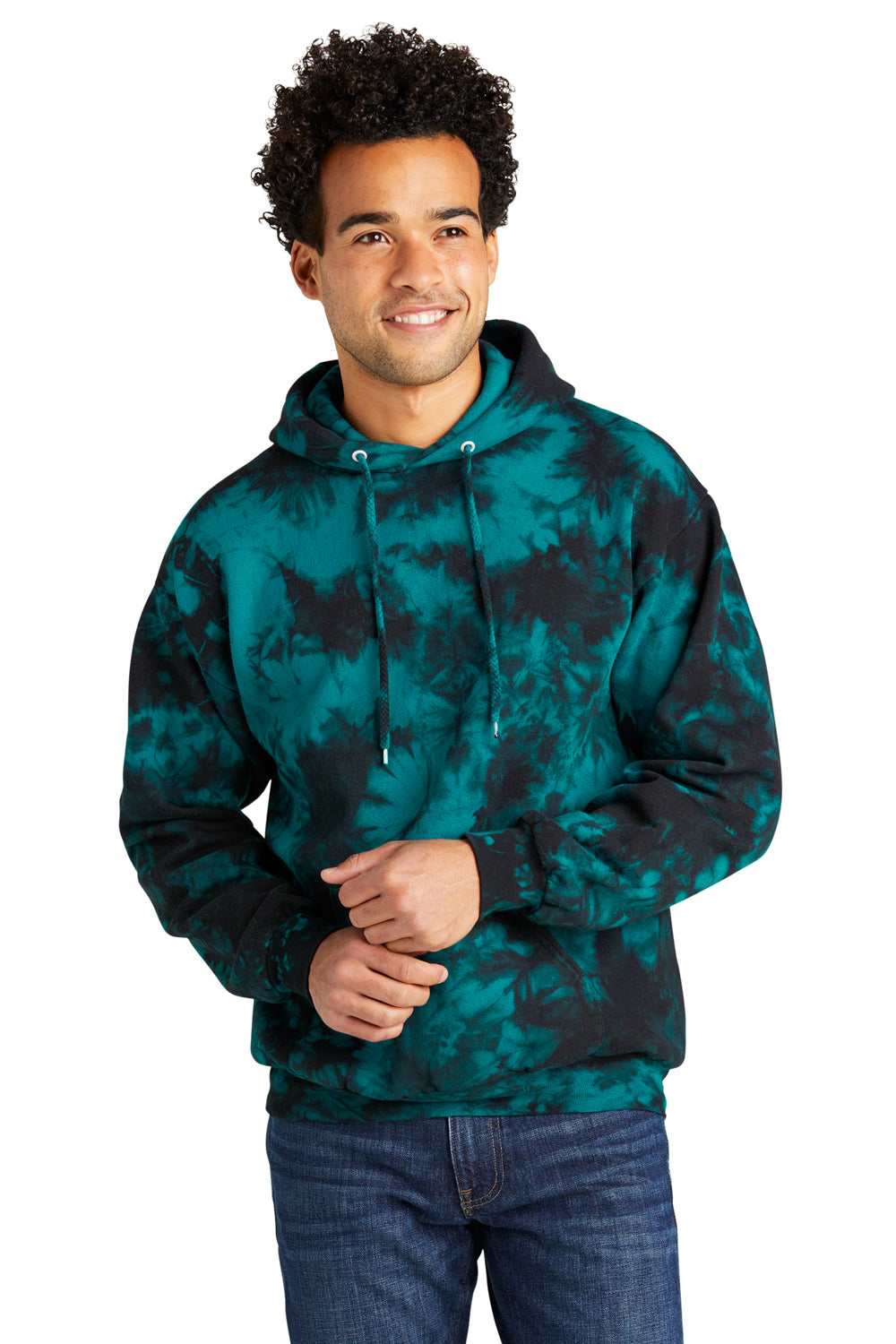 Port & Company PC144 Mens Crystal Tie-Dye Hooded Sweatshirt Hoodie Black/Teal Model Front