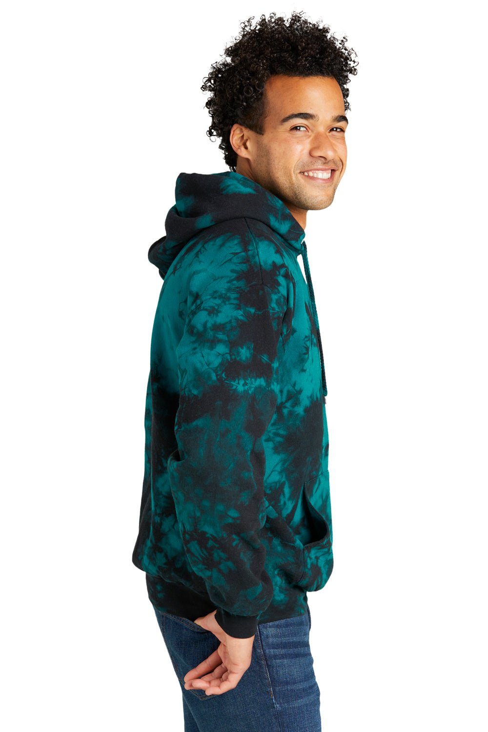 Port & Company PC144 Mens Crystal Tie-Dye Hooded Sweatshirt Hoodie Black/Teal Model Side