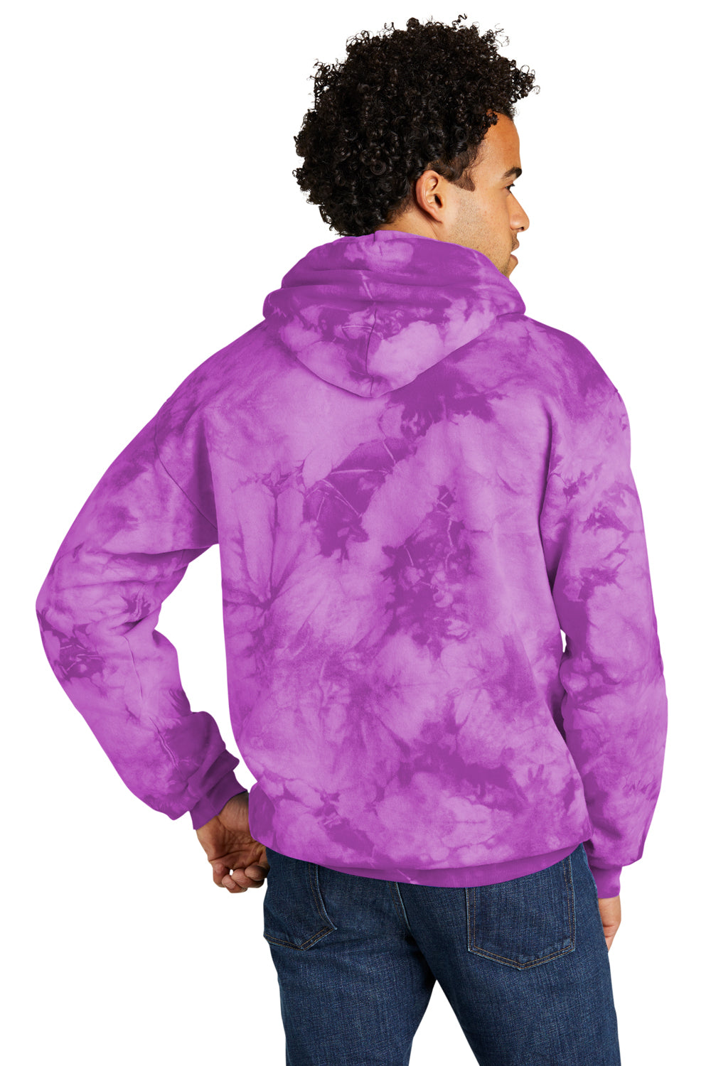 Port & Company PC144 Mens Crystal Tie-Dye Hooded Sweatshirt Hoodie Purple Model Back