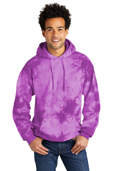 Port & Company PC144 Mens Crystal Tie-Dye Hooded Sweatshirt Hoodie Purple Model Front