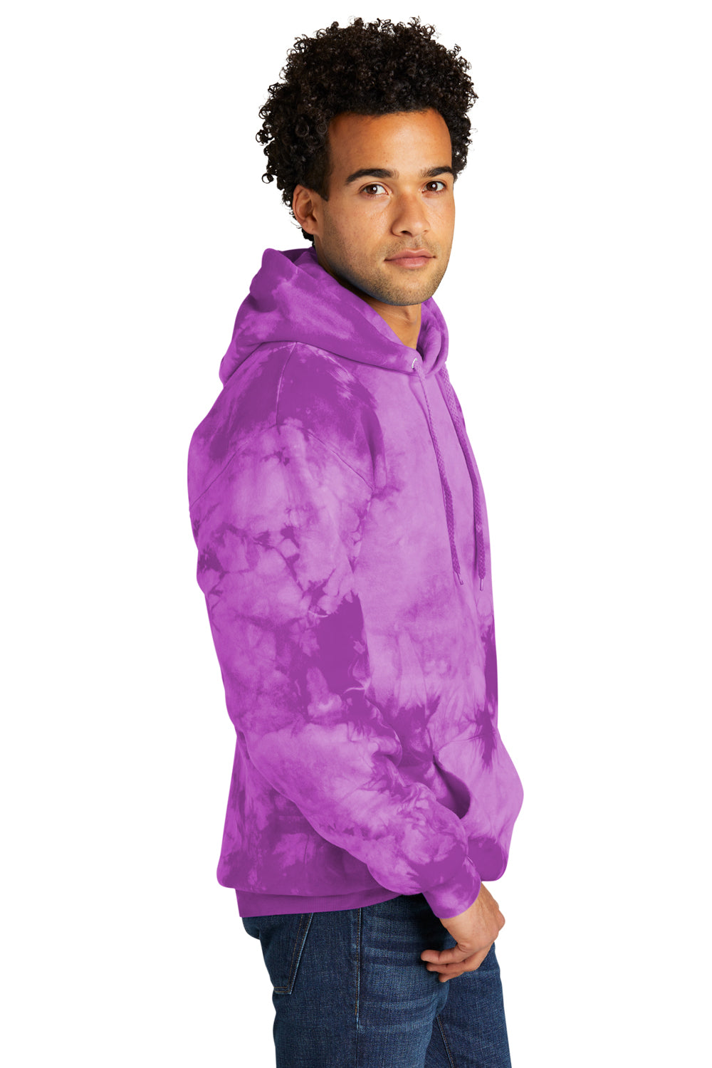 Port & Company PC144 Mens Crystal Tie-Dye Hooded Sweatshirt Hoodie Purple Model Side